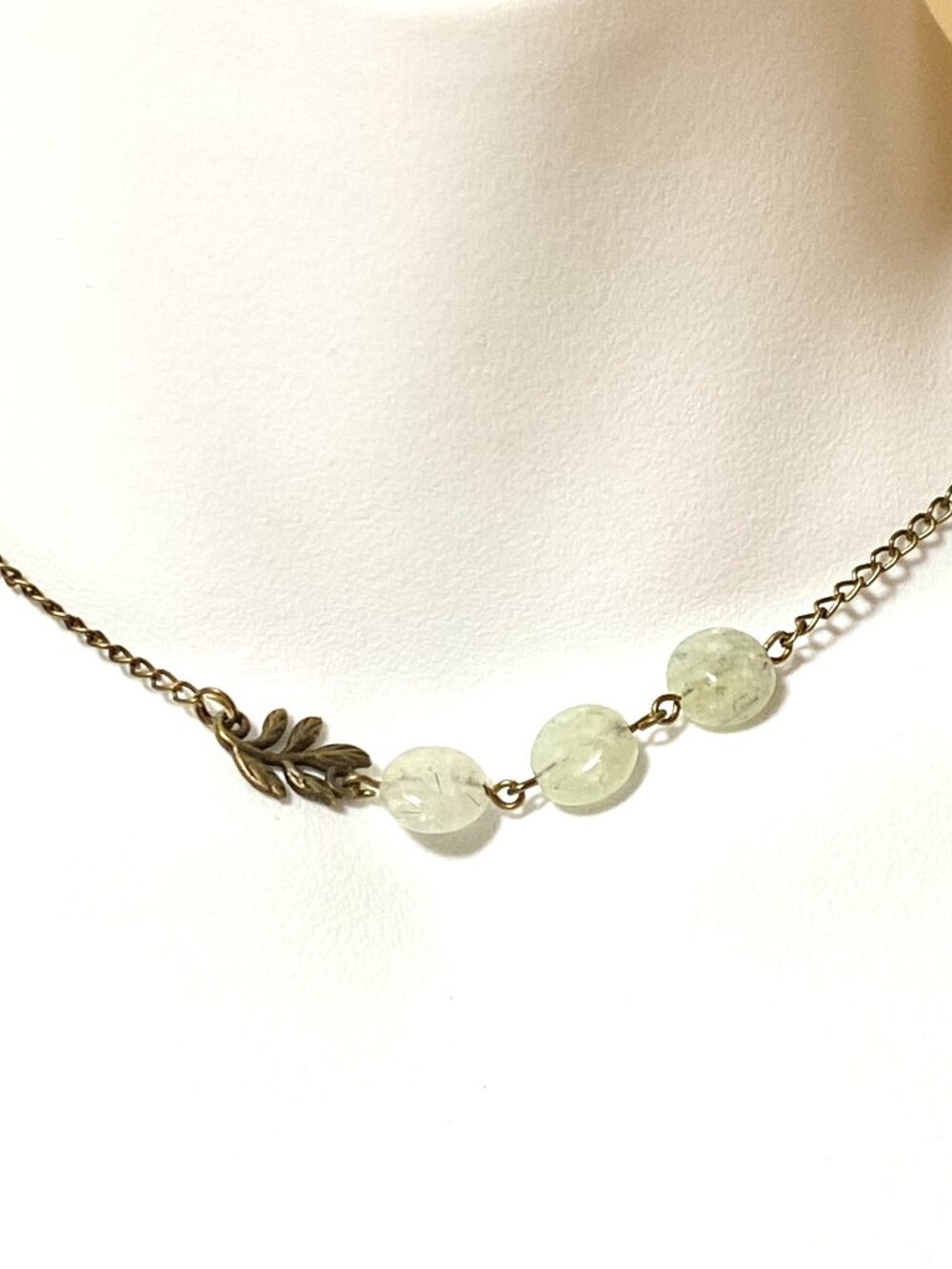 2/$20, Natural Pale Green Prehnite Short Necklace, Gemstone & Bronze Leaf Branch